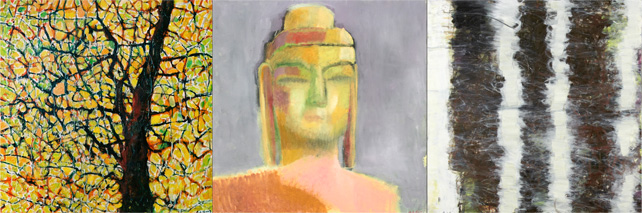 Su-Li Hung - Gingko Tree, Buddha, River, 2011-14, Oil on canvas, 30 x 90 inches