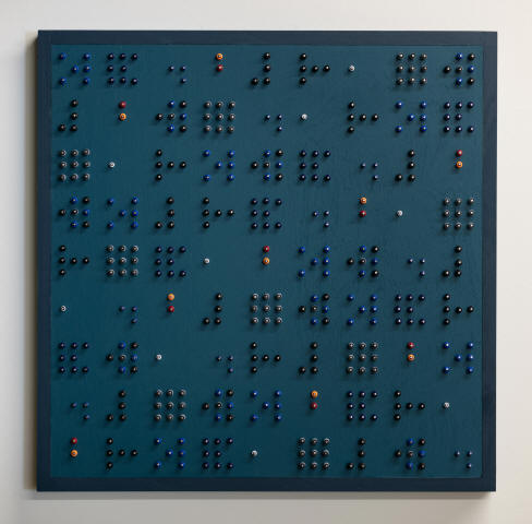 Colin Chase - #112520, 2021 - Reclaimed polychromed wood, steel, glass, wood & plastic beads - 25 1/8 x 25 1/8 x 1 1/2 inches